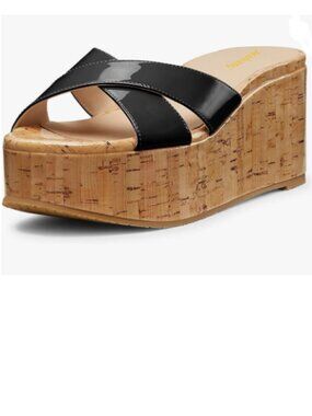 Maiyang Black Open Round Toe Platform Mules Slip on Cork Mid Wedge Heel Sandals